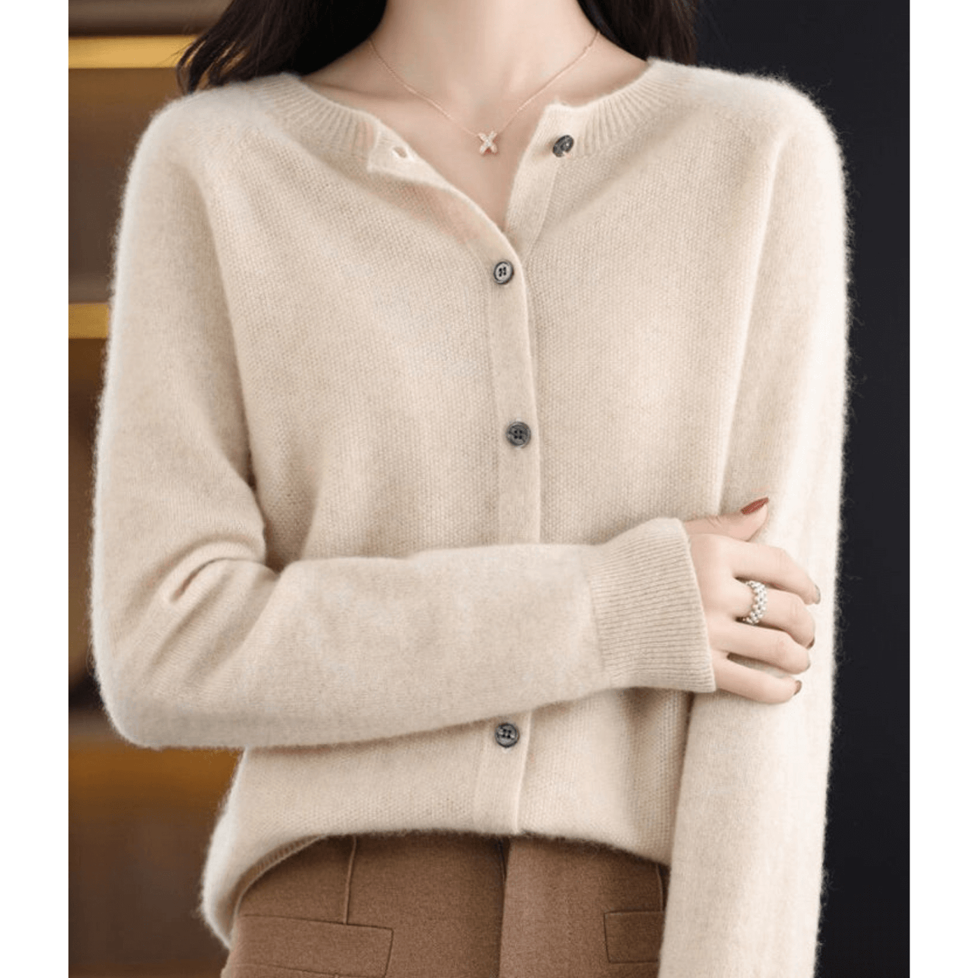 Pure Merino Wool-like Ladies O-neck Cardigan Cashmere-like Sweater