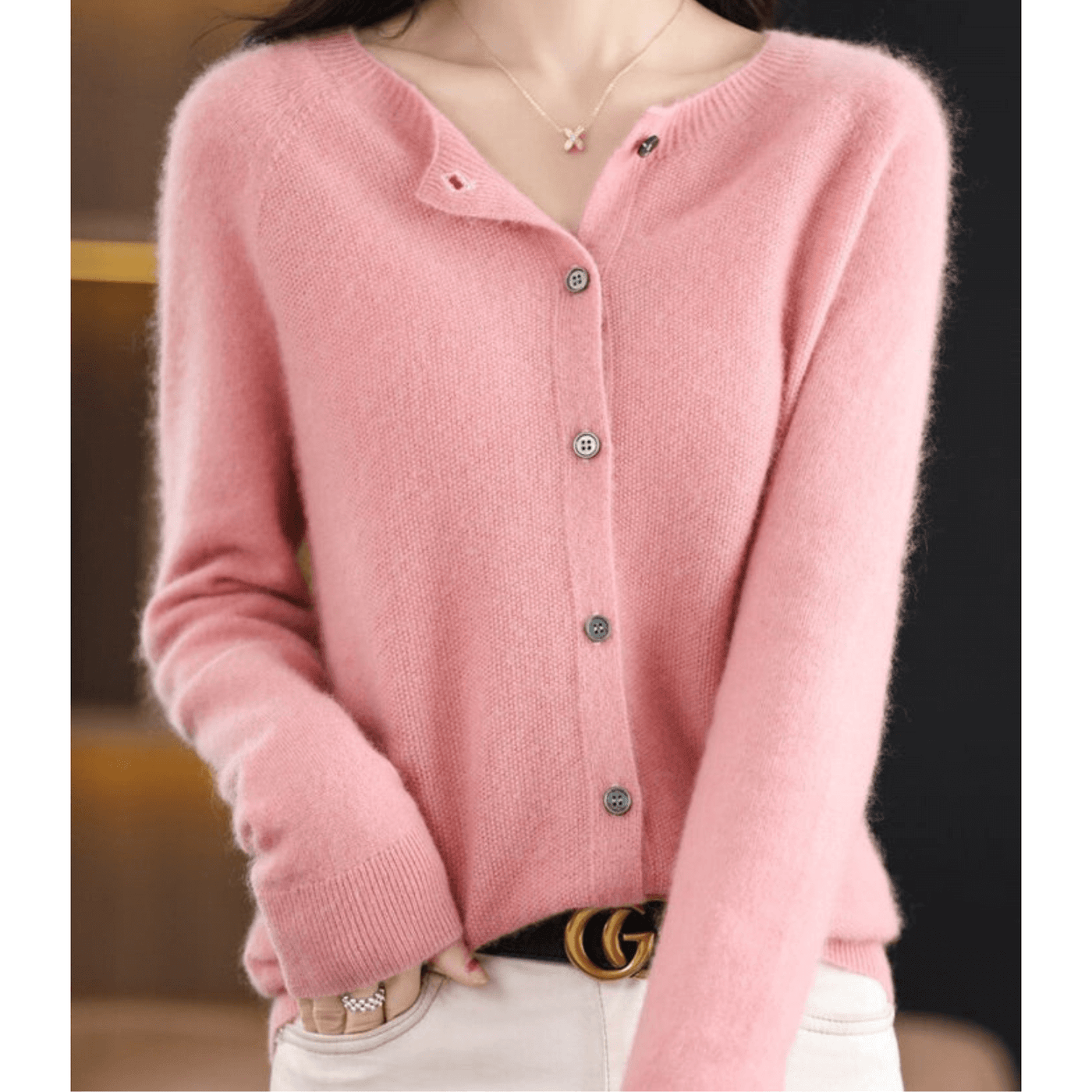 Pure Merino Wool-like Ladies O-neck Cardigan Cashmere-like Sweater