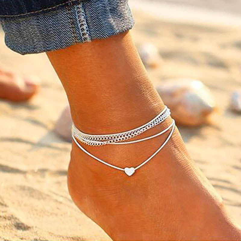 Creative ankle chain | Women's fashion Silver-coloured heart anklets for the summer